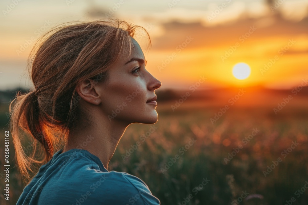 Capturing Tranquility: A Woman Embraces the Dusk as the Sun Sets Over a Serene Field, Bathed in Warm Golden Light Capturing Tranquility: A Woman Embraces the Dusk as the Sun Sets Over a Serene Field, Bathed in Warm Golden Light