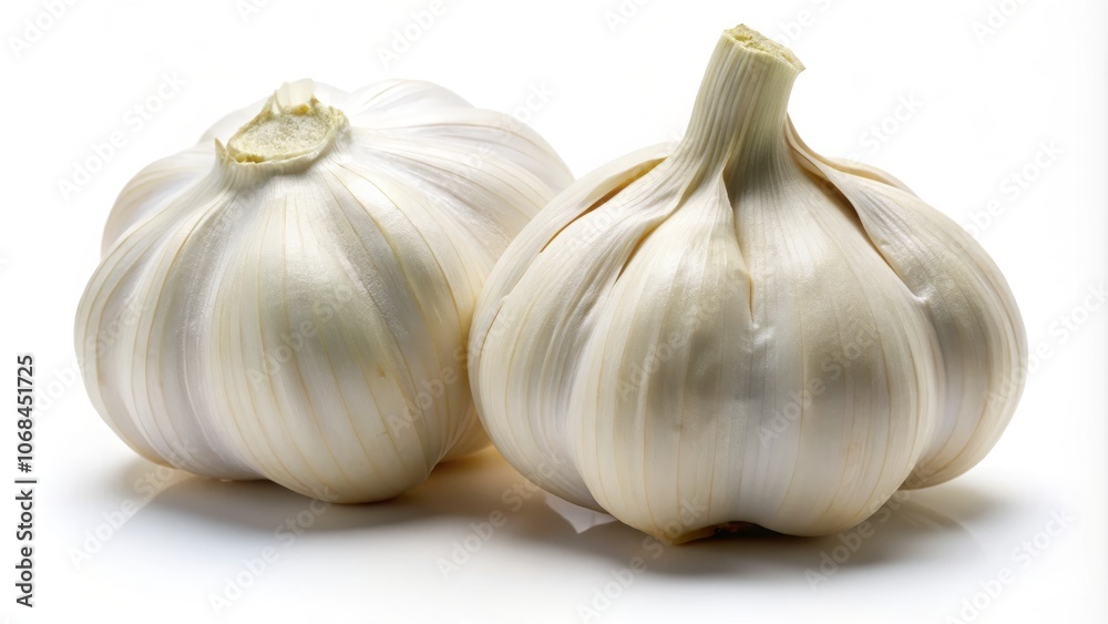 Front View of Two White Peeled Garlic Cloves Isolated on a White Background Perfect for Culinary Uses, Cooking Illustrations, and Food Photography with Clipping Path Front View of Two White Peeled Garlic Cloves Isolated on a White Background Perfect for Culinary Uses, Cooking Illustrations, and Food Photography with Clipping Path