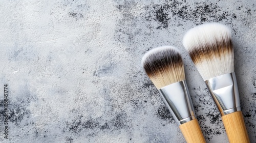 Two makeup brushes with wooden handles on textured surface