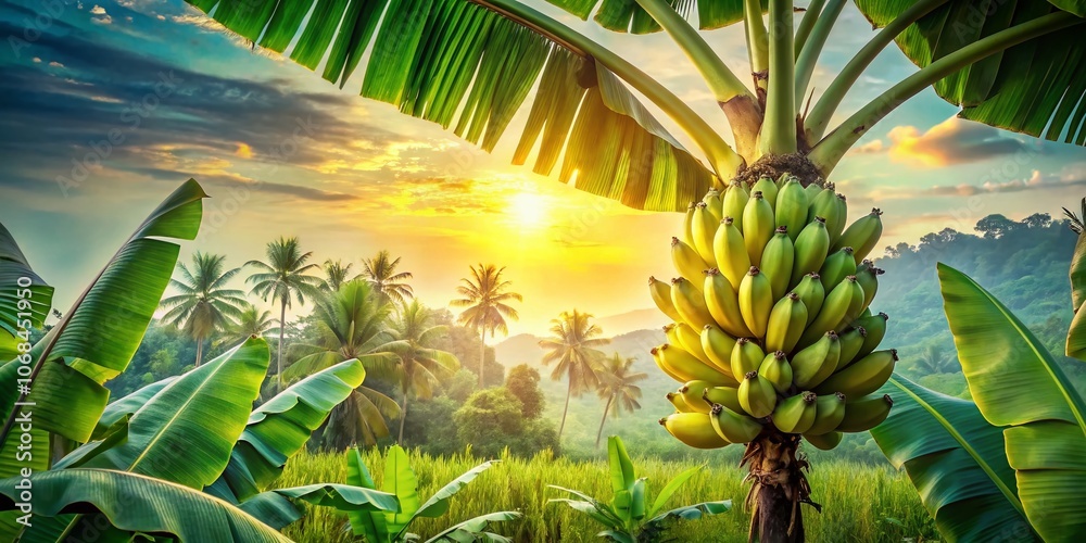 Fototapeta premium Double Exposure of Young Banana Tree with Tropical Background - Nutrient-Rich Bananas, Lush Greenery, Exotic Fruit, Nature Photography, Healthy Lifestyle, Organic Farming, Sustainable Agriculture