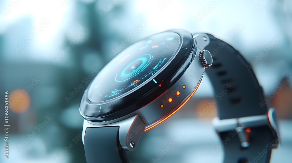 Fototapeta premium Futuristic smartwatch with a vibrant holographic interface and a sleek minimalist design showcasing the evolution of wearable technology and innovative digital accessories