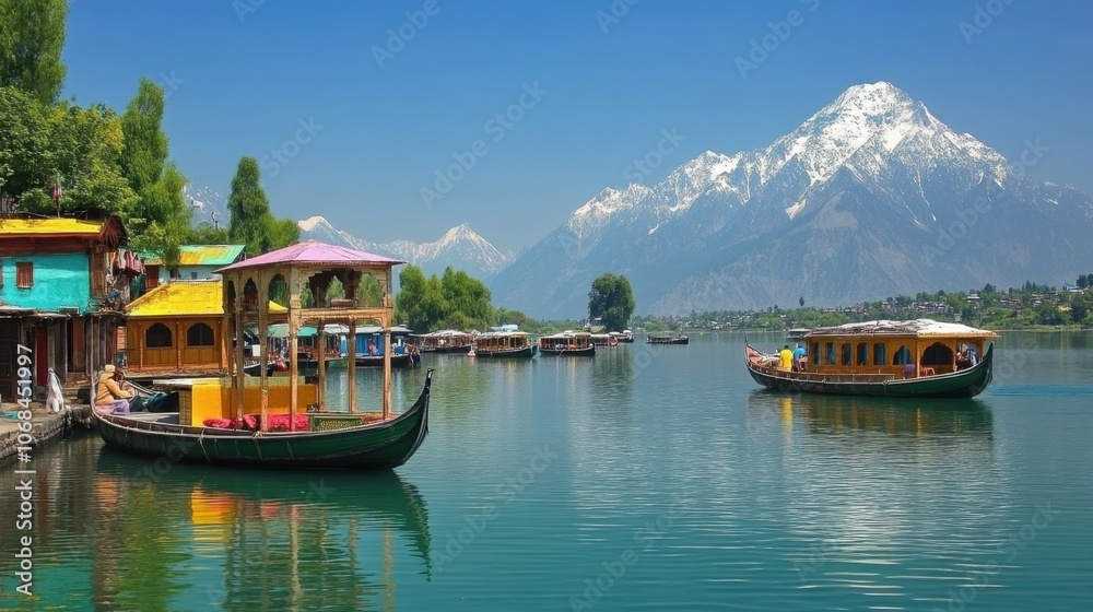 Serene Dal Lake Scene in Kashmir with Houseboats Serene Dal Lake Scene in Kashmir with Houseboats