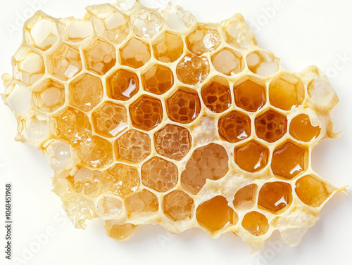Honeycomb structure showcasing natural honey and royal jelly, highlighting intricate hexagonal patterns and rich golden hues. delightful representation of natures sweetness