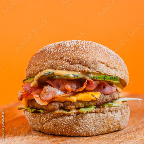 Close-up of a cheeseburger with bacon, pickles, and sauce on a wooden surface against an orange background. Studio food photography. American fast food and snack concept. Design for poster, banner