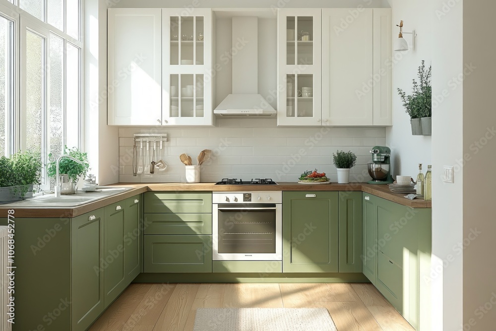 Modern Kitchen with Green Cabinets and White Accents Modern Kitchen with Green Cabinets and White Accents