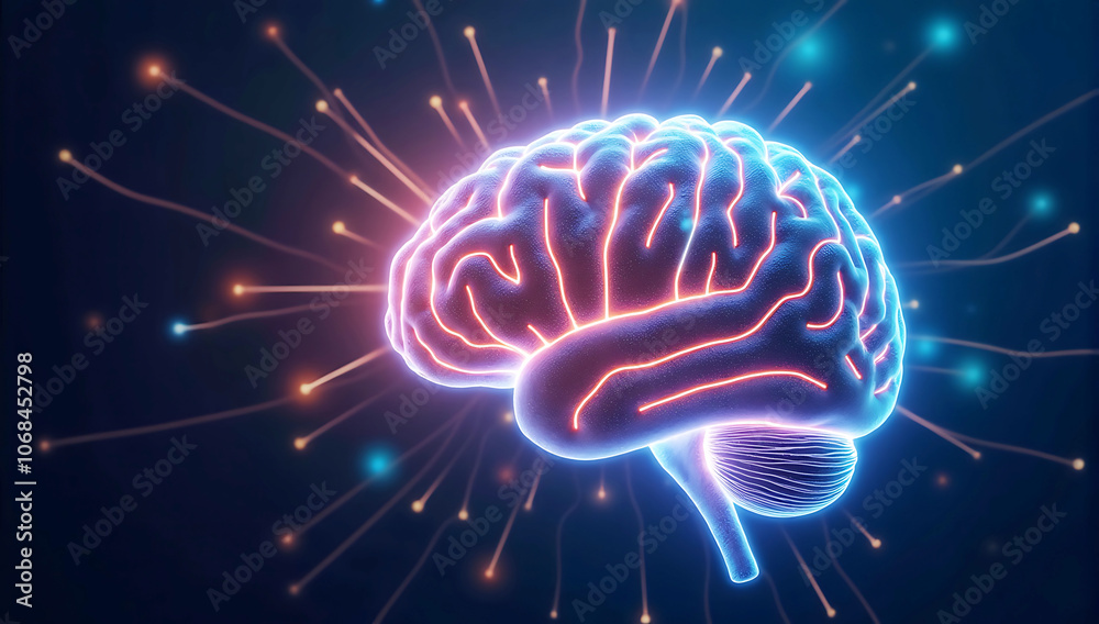 A digital abstract brain with glowing neural connections, symbolizing artificial intelligence, deep learning, and data processing.