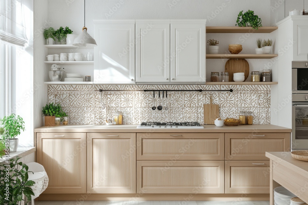 Modern Kitchen Interior with Light Wood Cabinets and Patterned Tile Backsplash Modern Kitchen Interior with Light Wood Cabinets and Patterned Tile Backsplash