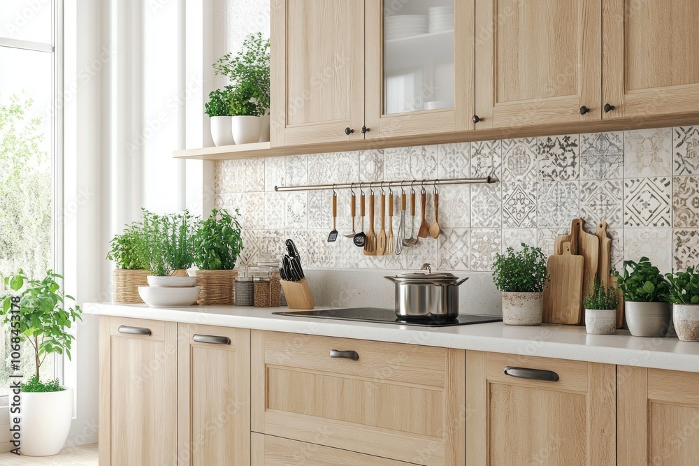 Modern Kitchen with Light Wood Cabinets and Plants Modern Kitchen with Light Wood Cabinets and Plants
