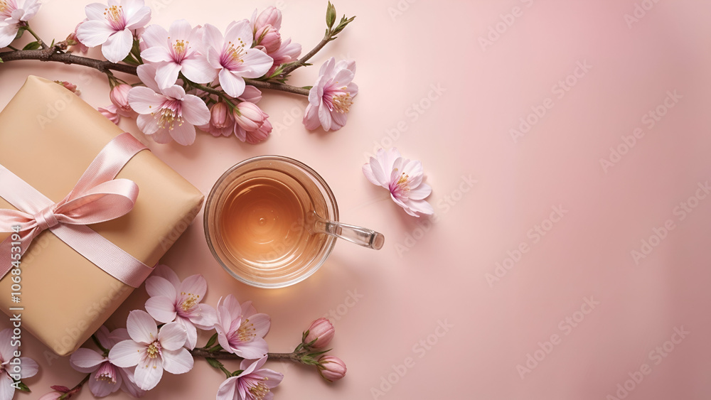 Cherry blossom with drink on pink colour background. Cherry blossom with drink on pink colour background.