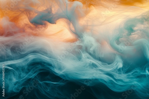 Ethereal Swirls of Color: A Mesmerizing Dance of Teal, Orange, and Cream Smoke Imagery Evoking Serenity and Creativity in Abstract Artistry
