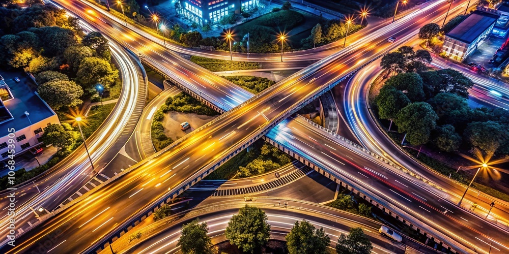 Top View of a Nighttime Road Junction with Right Turn Branches and Congested Traffic in Low Light, Capturing the Urban Landscape and Movement at Dusk Top View of a Nighttime Road Junction with Right Turn Branches and Congested Traffic in Low Light, Capturing the Urban Landscape and Movement at Dusk