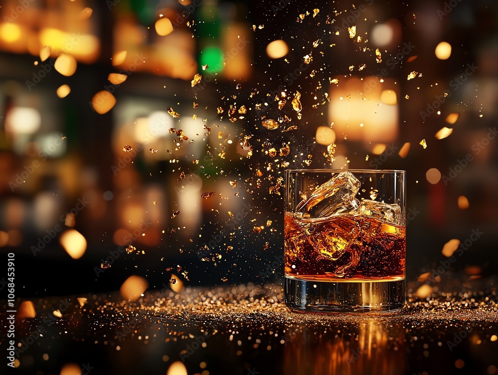 Elegant tumbler of Japanese whisky on bar counter, warm tones, blurred background, soft light, highend and classic atmosphere Elegant tumbler of Japanese whisky on bar counter, warm tones, blurred background, soft light, highend and classic atmosphere