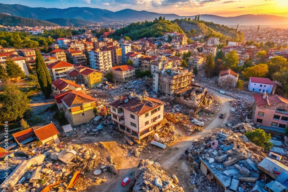 Naklejka premium Drone Photography of Turkey Earthquake Relief Efforts: Aerial Views of Destruction and Community Support
