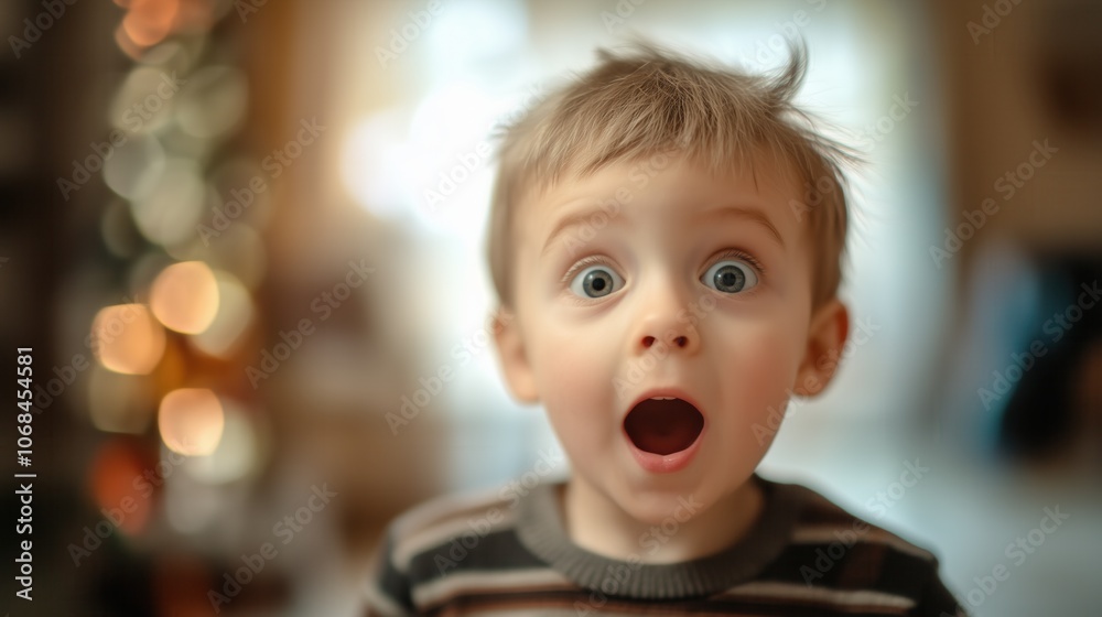 Handsome little boy with mouth open in surprise in Christmas decorated room. Pleasantly shocked baby saw holiday miracle. Poster, banner, background, wallpaper Handsome little boy with mouth open in surprise in Christmas decorated room. Pleasantly shocked baby saw holiday miracle. Poster, banner, background, wallpaper
