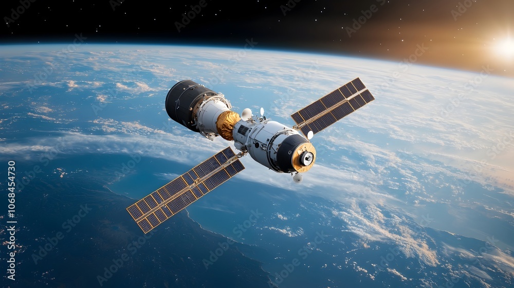 Obraz premium Digital rendering of a sophisticated space station orbiting the Earth