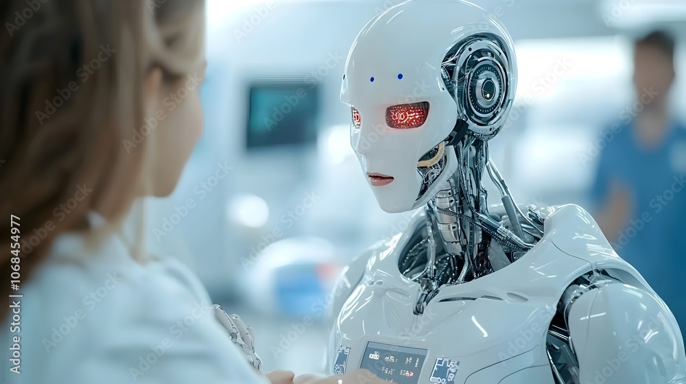 A futuristic scene depicting an robot assisting a person in a sterile high tech medical setting with advanced equipment representing the potential future of healthcare technology and innovation