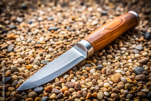 Rustic Utility Knife on Gravel: A Close-Up of a Clean Metal Blade and Smooth Wooden Handle Perfect for Nature Enthusiasts and Craftsmanship Lovers