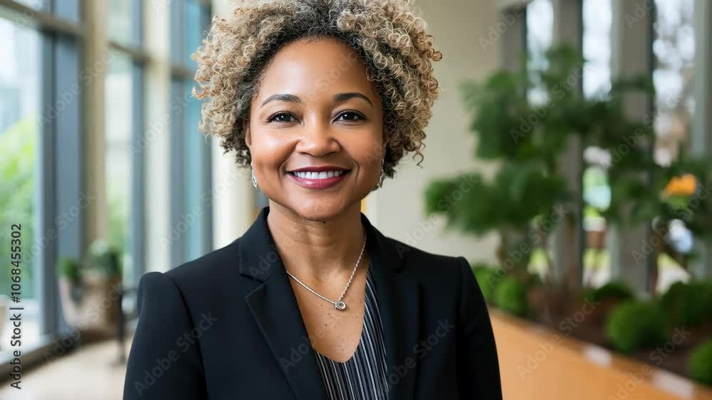 A woman with short, curly hair smiles warmly in front of a large window A woman with short, curly hair smiles warmly in front of a large window