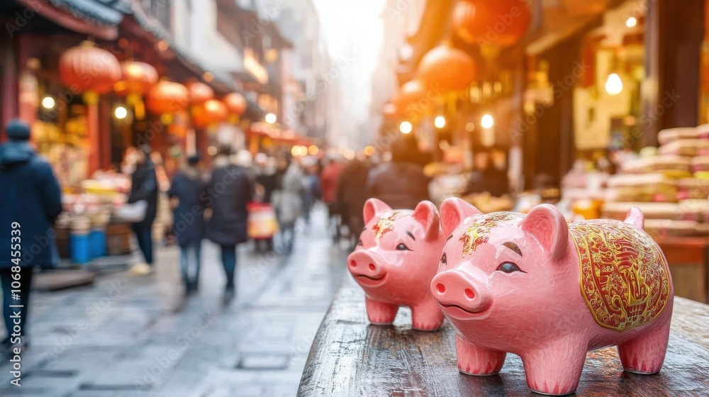 Obraz premium Two decorative pig figurines in a vibrant market setting with lanterns.