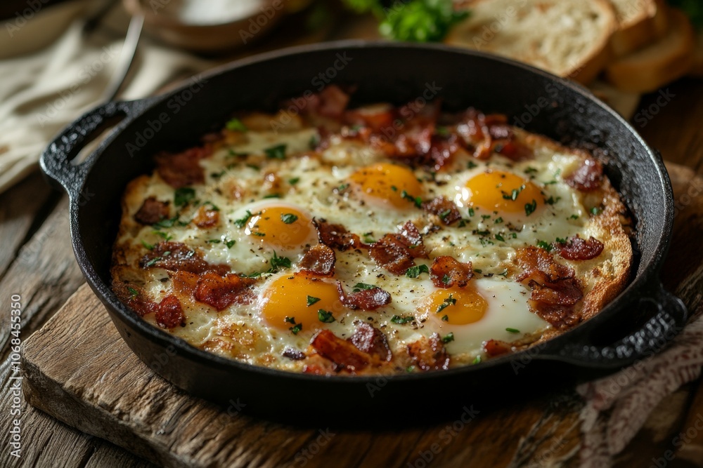 Sizzling Breakfast Delight: Hearty Skillet Eggs with Crispy Bacon and Fresh Herbs for a Perfect Morning Treat Sizzling Breakfast Delight: Hearty Skillet Eggs with Crispy Bacon and Fresh Herbs for a Perfect Morning Treat