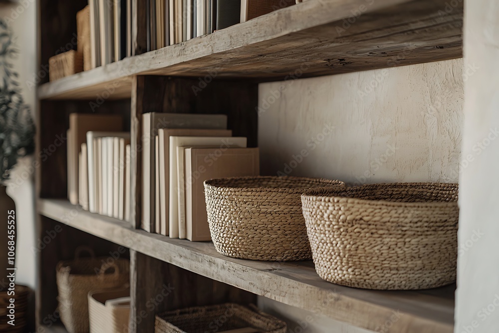 A cozy, modern shelf displays neatly arranged books and woven baskets, creating a warm and inviting atmosphere in a minimalist interior. A cozy, modern shelf displays neatly arranged books and woven baskets, creating a warm and inviting atmosphere in a minimalist interior.