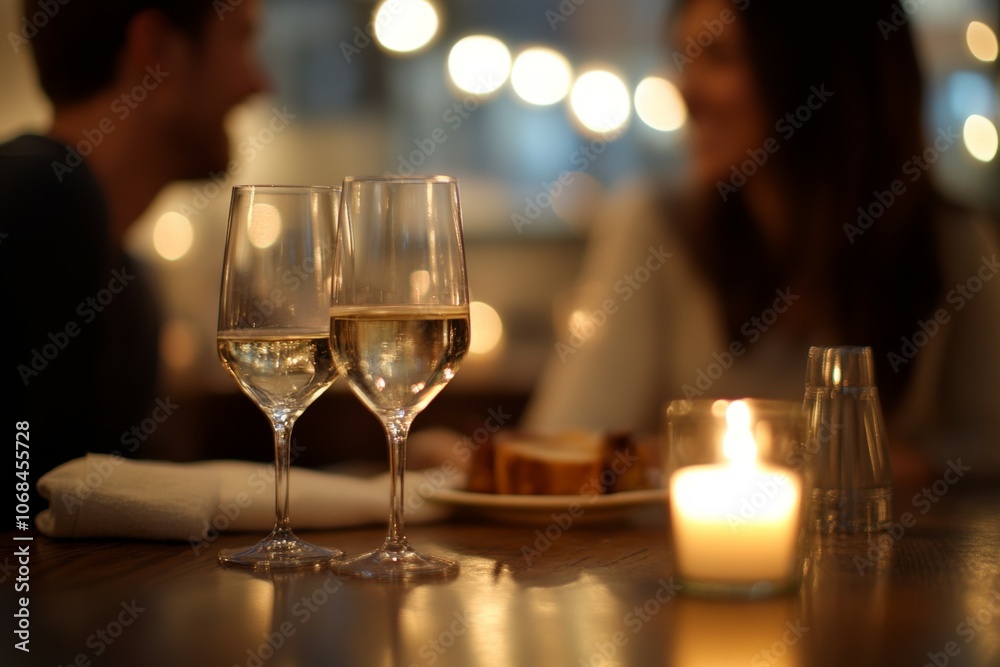 An Intimate Evening: Romantic Dinner for Two with Wine Glasses, Soft Candlelight, and the Warm Glow of Bokeh Lights Creating a Perfect Ambiance An Intimate Evening: Romantic Dinner for Two with Wine Glasses, Soft Candlelight, and the Warm Glow of Bokeh Lights Creating a Perfect Ambiance