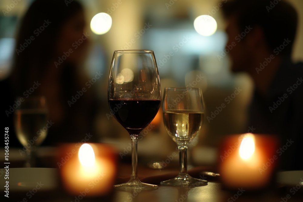 An Intimate Evening: The Soft Glow of Candlelight, Glasses of Red and White Wine, and the Connection Between Two Diners in a Cozy Restaurant Setting An Intimate Evening: The Soft Glow of Candlelight, Glasses of Red and White Wine, and the Connection Between Two Diners in a Cozy Restaurant Setting