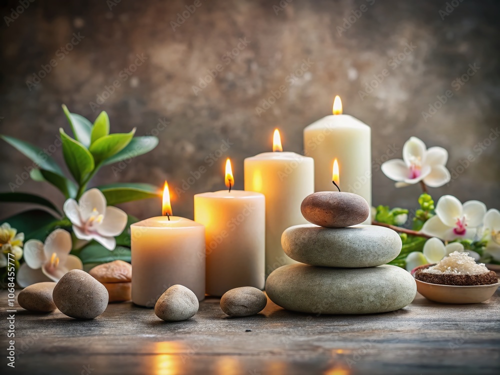Tranquil Spa Still Life with Candles and Stones, Ideal for Relaxation and Wellness Themes, Featuring Soft Lighting and Natural Elements, Perfect for Wellness Blogs and Advertisements Tranquil Spa Still Life with Candles and Stones, Ideal for Relaxation and Wellness Themes, Featuring Soft Lighting and Natural Elements, Perfect for Wellness Blogs and Advertisements