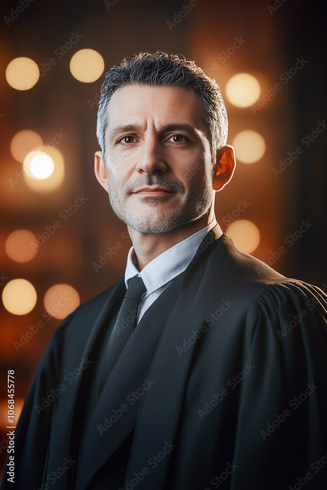 Cinematic portrait of a confident male judge in formal attire, set in a courtroom with soft lighting and muted colors Cinematic portrait of a confident male judge in formal attire, set in a courtroom with soft lighting and muted colors