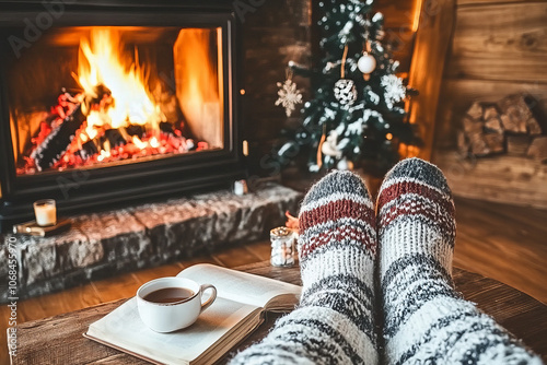 Wallpaper Mural Cozy Winter Scene with Knitted Socks, Hot Coffee, and a Crackling Fireplace for Warm, Relaxed Atmosphere and Hygge-Inspired Comfort Torontodigital.ca