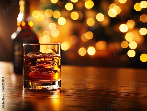 Japanese whisky in a classic tumbler, rich amber color, polished bar counter, dim light, blurred spirits behind, timeless elegance photo