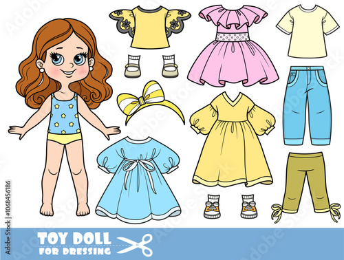 Cartoon brunette girl  and clothes separately -  dresses, shirt, sandals, jeans and sneakers