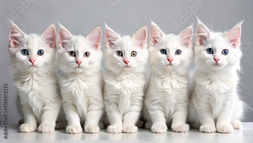 Six Adorable High White Maine Coon Kittens Sitting in a Perfect Row, All Gazing at the Camera Against a Crisp White Background, Ideal for Cat Lovers and Pet Enthusiasts photo