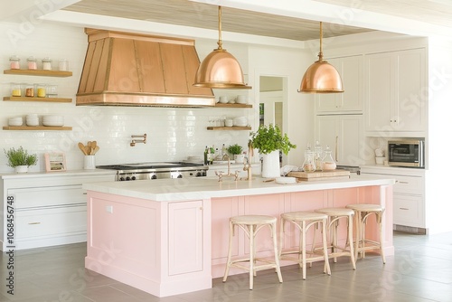 Modern Kitchen with Pink Island and Copper Accents photo