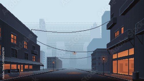 Pixel art town street in misty evening. Buildings with light in windows in front of the cityscape silhouette. Background for 8-bit retro video game. Vector illustration.