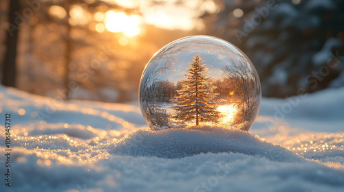 Winter Glass Ornament with Tiny Tree Inside on Snow