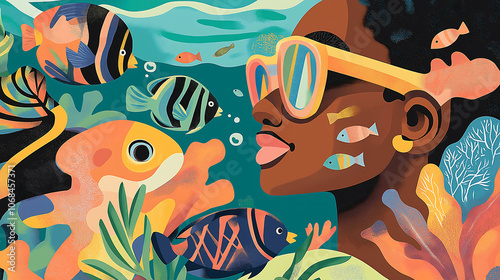 A Black family explores the wonders of snorkeling in crystal-clear tropical waters, joyfully interacting with vibrant fish and lush coral reefs surrounding them