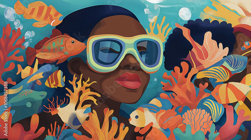 This lively underwater adventure features a Black family snorkeling in crystal-clear tropical waters, surrounded by vibrant fish and dazzling coral reefs, celebrating the beauty of nature
