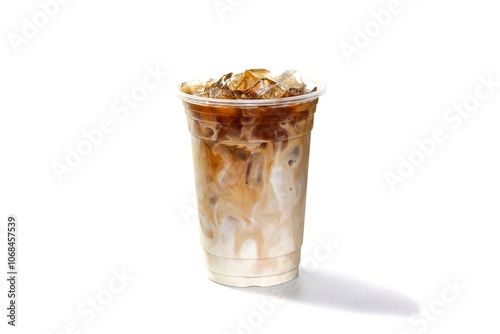 Latte ice coffee serving in the plastic glass put on white background with isolated photo style.