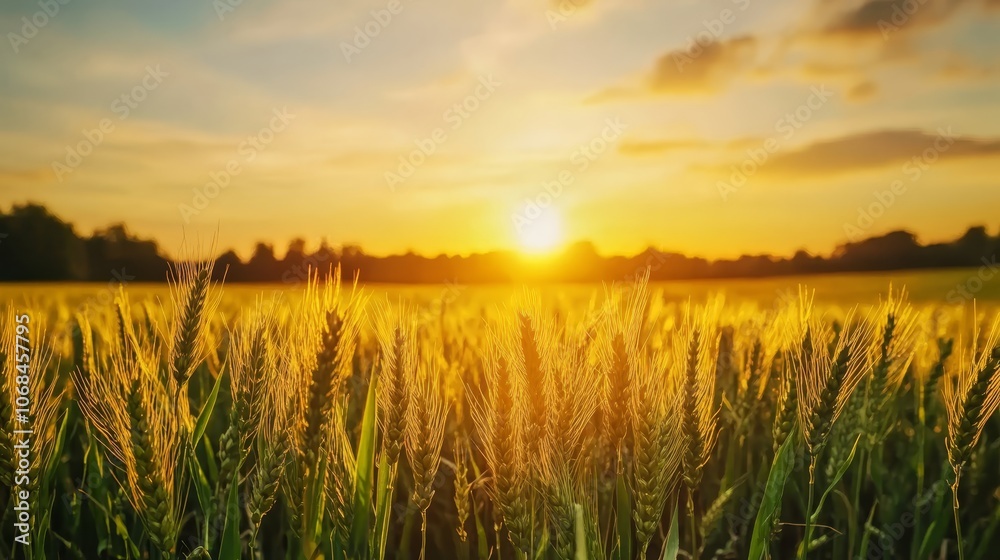 Fototapeta premium Golden sunset over a vast wheat field, serene landscape of nature's beauty golden