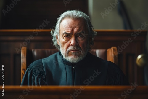 A stern judge presides over the courtroom with authority. His expression reflects the weight of justice and the importance of the legal system. Generative AI