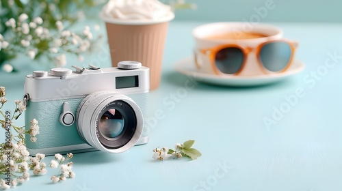 A nostalgic flat lay composition featuring a vintage disposable sunglasses and a retro flip phone set against a pastel colored background that adds a charming nostalgic feel to the image