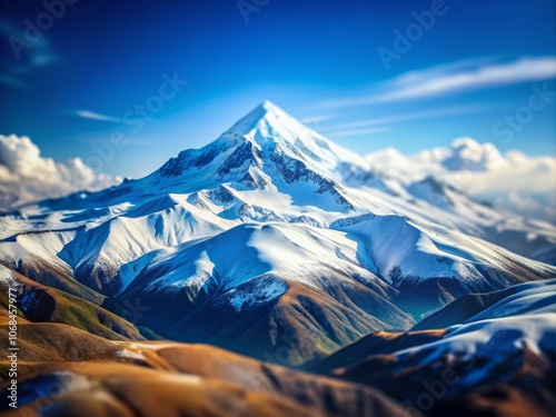 Stunning Tilt-Shift Panorama of Winter Mountains and Blue Sky in the Caucasus Region Featuring Elbrus Mountain in Russia, Perfect for Travel and Nature Enthusiasts photo