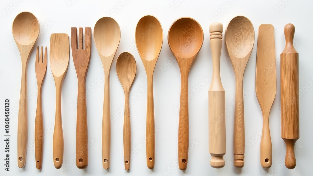 A collection of wooden spoons and forks are laid out on a white background A collection of wooden spoons and forks are laid out on a white background