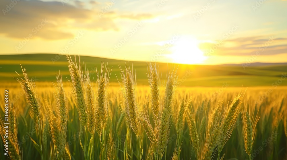Golden sunset over a vast wheat field, scenic view of ripe grains in the warm evening light Golden sunset over a vast wheat field, scenic view of ripe grains in the warm evening light