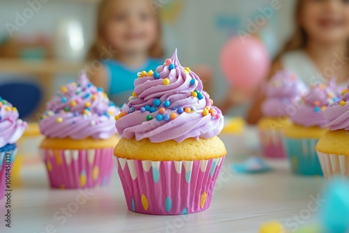 Delightful Purple Frosted Cupcakes: A Celebration of Sweetness and Joy at a Colorful Birthday Party Gathering