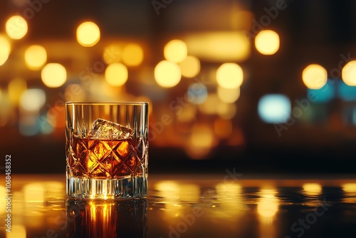 Japanese whisky in delicate snifter on polished bar, amber glow, blurred background, dimly lit, highend and refined experience