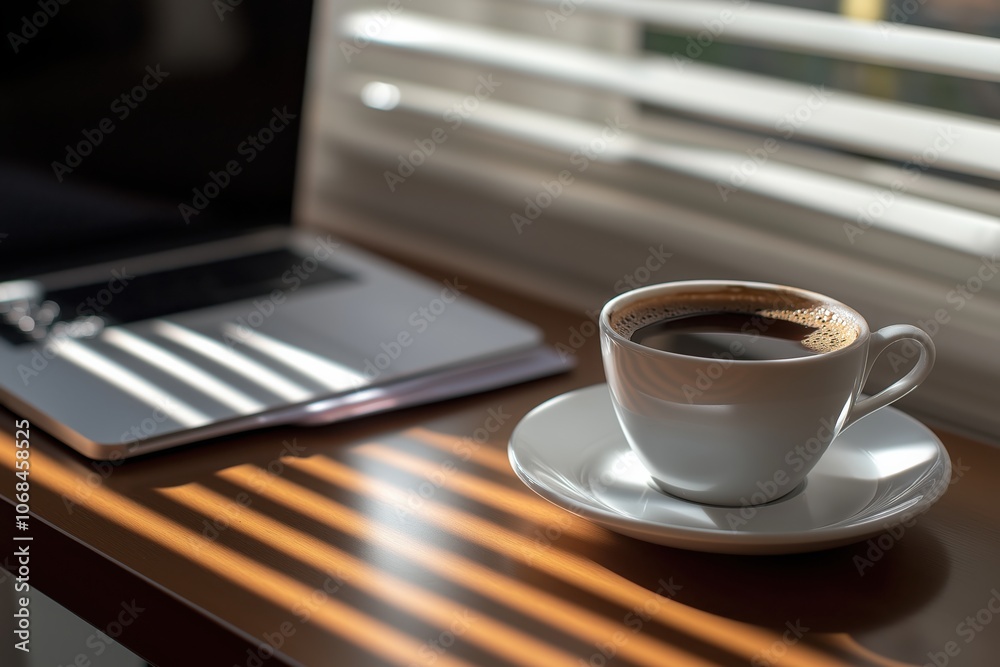 A modern workspace with a laptop, a notebook, and a cup of black coffee