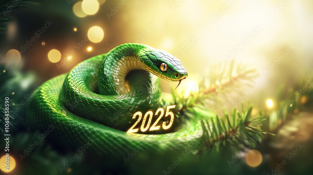 Fototapeta premium 2025: Green snake on festive foliage