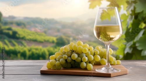 Elegant glass of white wine with fresh grapes on rustic wooden table, a taste of vineyard bliss